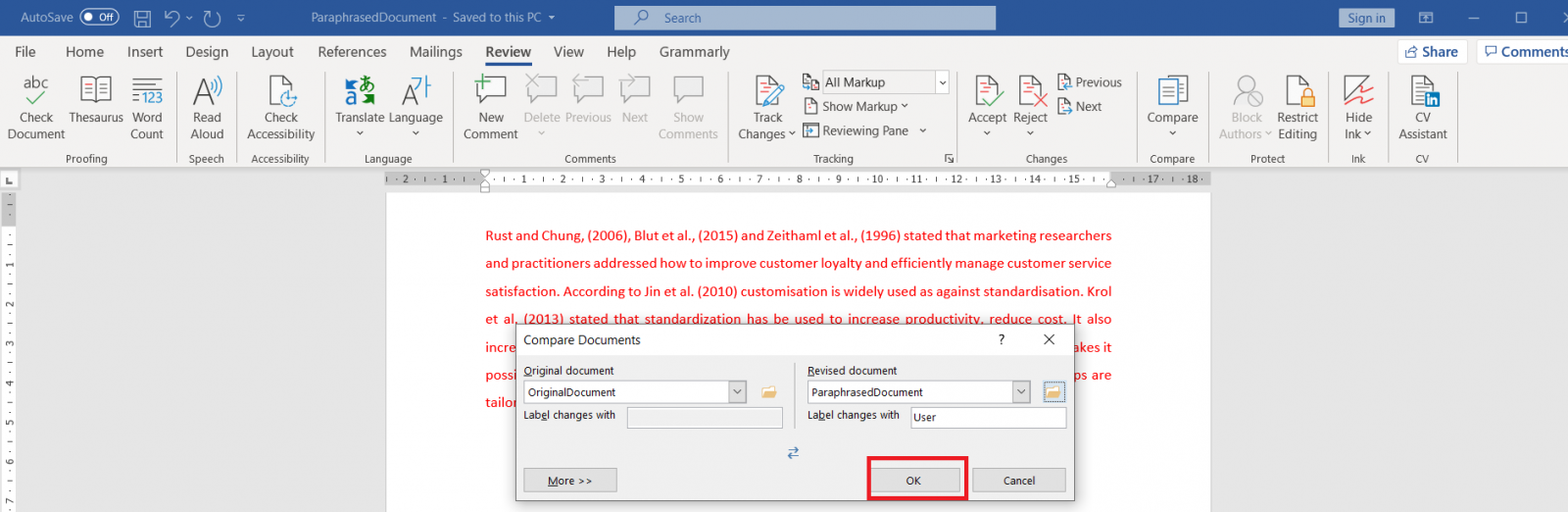 Microsoft Office Review Tab Press OK to Review Comparison Changes