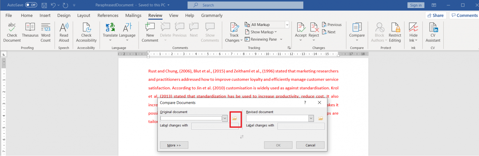 Microsoft Word Review Tab Original Document Selection